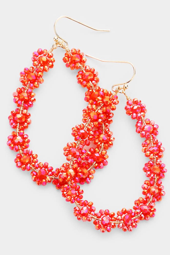 Faceted Bead Cluster Floral Teardrop Earrings - Coral or Yellow