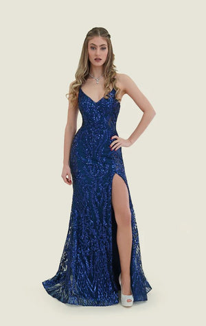 FLAIR Prom 25003 Navy Blue Sequin Design Dress with Slit