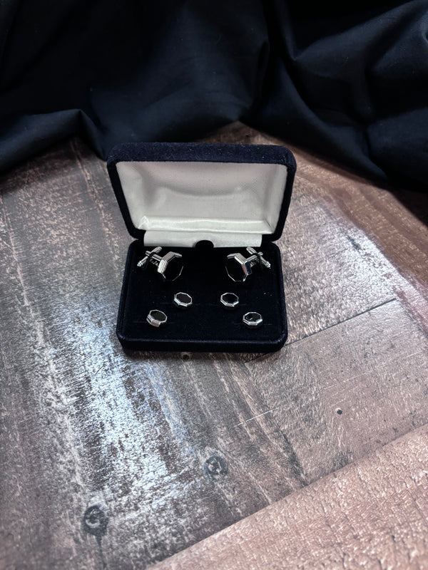 Black Onyx Hexagon Stud & Cufflink Set