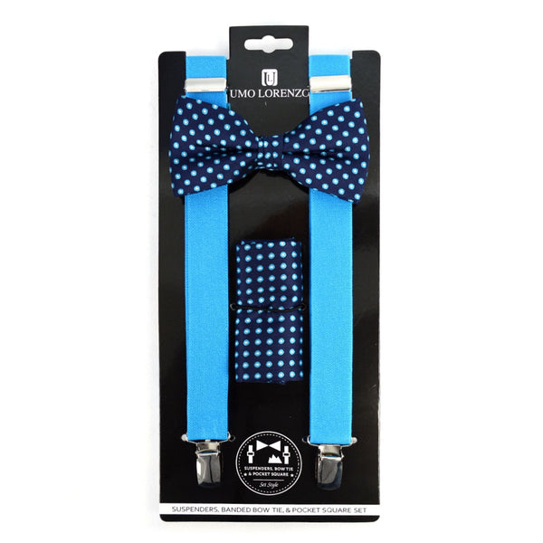 Bow Tie, Pocket Square and Suspender Set -  Navy Turquoise Print