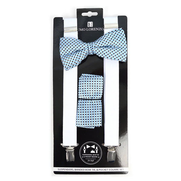 Bow Tie, Pocket Square and Suspender Set - White and Light Blue Checked Print
