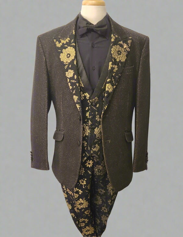 Metallic Gold over Black with Floral Print 3pc Suit