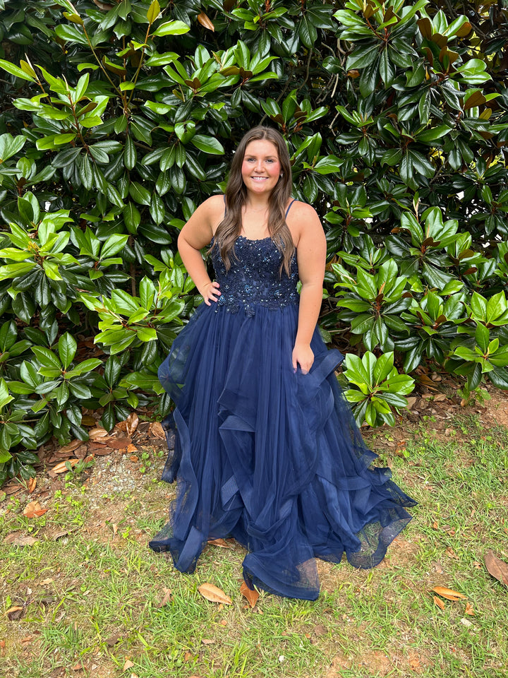 FLAIR PROM 24707 Navy Blue Asymetric Layered Ballgown