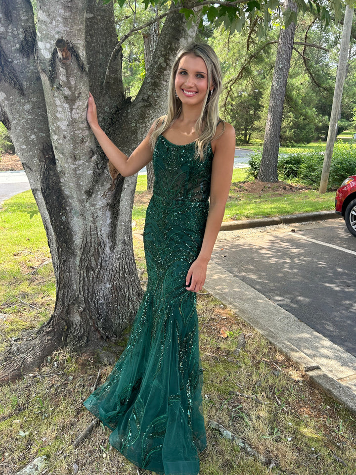 FLAIR PROM 24727 Pine Green Beaded Mermaid Dress