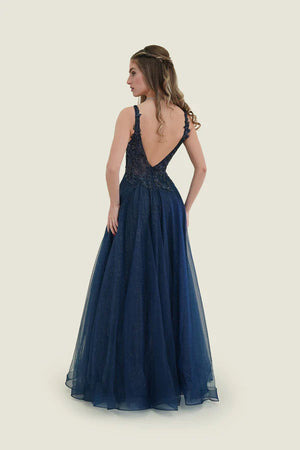 FLAIR Prom 25007 Navy Tulle A-Line Dress FLAIR Prom 