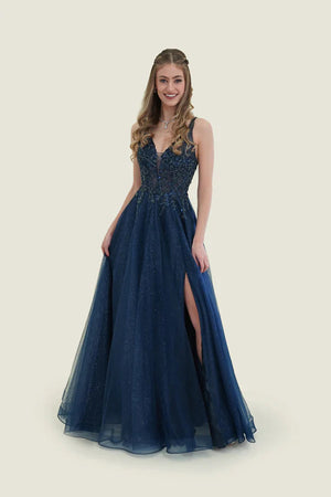 FLAIR Prom 25007 Navy Tulle A-Line Dress FLAIR Prom 
