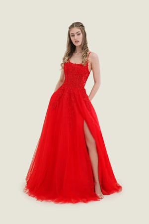 FLAIR Prom 25039 Red Tulle Ballgown FLAIR Prom 