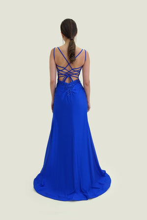 FLAIR Prom 26001 Royal Blue Lace Bodice Fitted Dress FLAIR Prom 
