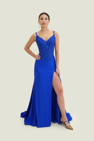 FLAIR Prom 26001 Royal Blue Lace Bodice Fitted Dress FLAIR Prom 