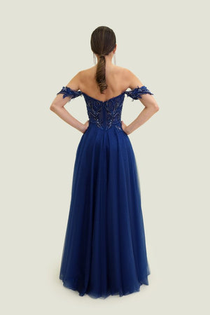 FLAIR Prom 26010 Navy Off Shoulder Tulle Ballgown FLAIR Prom 