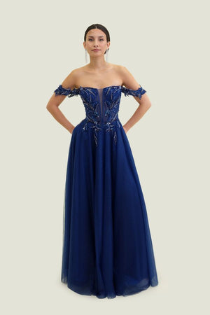FLAIR Prom 26010 Navy Off Shoulder Tulle Ballgown FLAIR Prom 