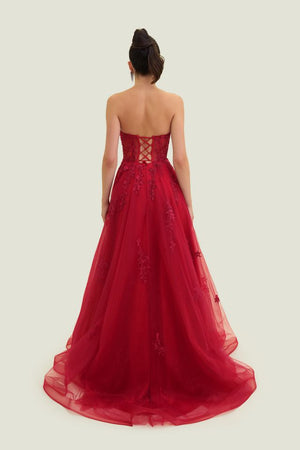 FLAIR Prom 26011 Wine Strapless A-Line Tulle Dress FLAIR Prom 