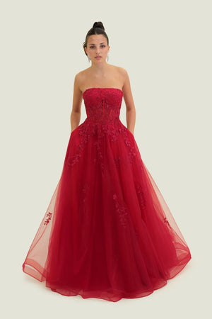 FLAIR Prom 26011 Wine Strapless A-Line Tulle Dress FLAIR Prom 