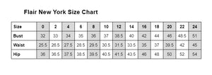 Flair Prom size chart for bust, waist, and hip measurements.