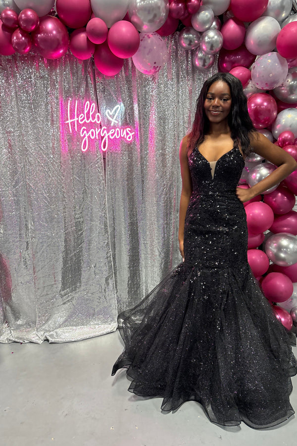 FLAIR Prom 25001 Black Glitter Tulle Mermaid Dress FLAIR Prom 