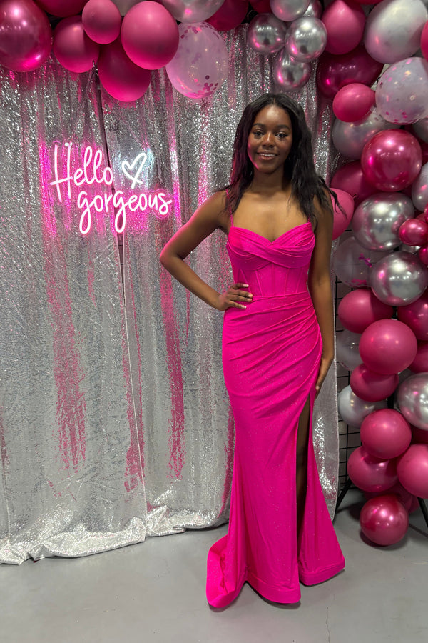 FLAIR Prom 25009 Fuchsia Pink Fitted Dress with Slit 