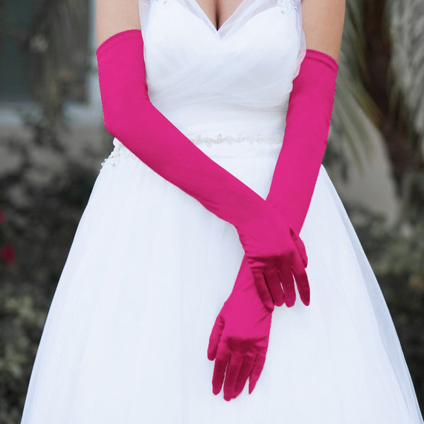 Opera Length Fuchsia Pink Satin Gloves