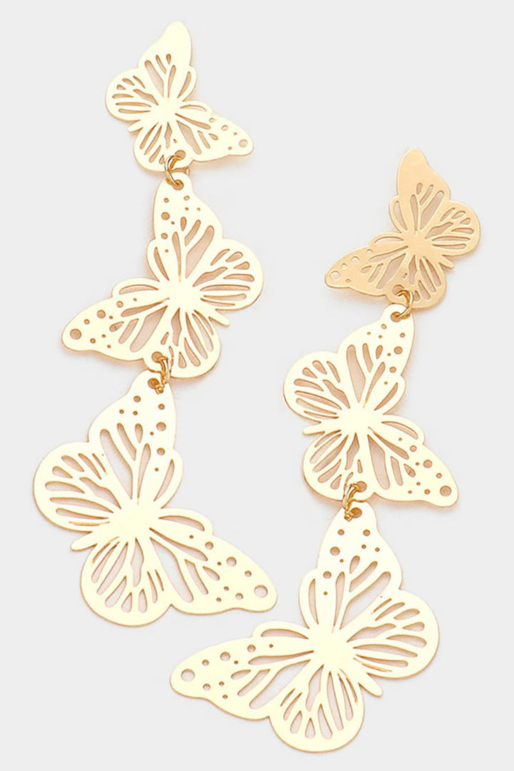 Cut Out Triple Metal Butterfly Link Dangle Gold Earrings