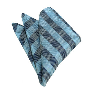 Sky Blue, Blue-Grey Checked Woven Self Tie Bow Tie and Pocket Square Manzini Neckwear 