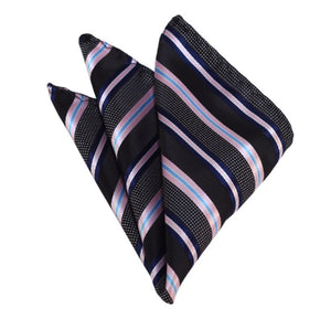 New Black, Navy and Pink Stripe Self Tie Bow Tie with Pocket Square Set Manzini Neckwear 