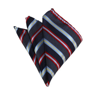 Navy Blue, Red, Yellow and Light Blue Stripe Self Tie Bow Tie with Pocket Square Manzini Neckwear 