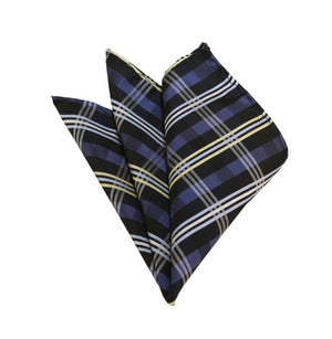 Blue-Grey, Silver, Black Plaid Self Tie Bow Tie and Pocket Square Manzini Neckwear 