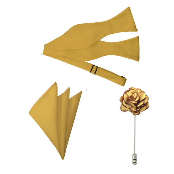 Honey Gold Satin Bow Tie, Pocket Square & Lapel Pin Set
