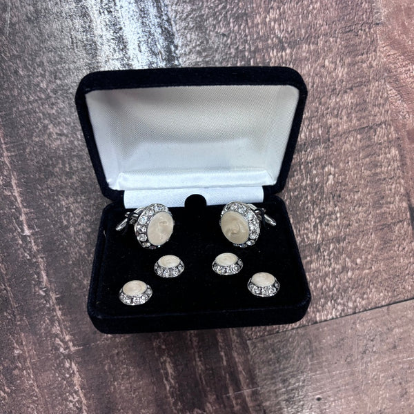 Mother of Pearl with Rhinestone Silver Studs & Cufflinks Set