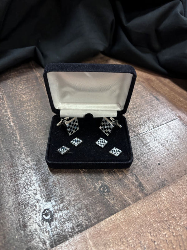 Onyx and Mother of Pearl Checker Board Stud and Cufflink