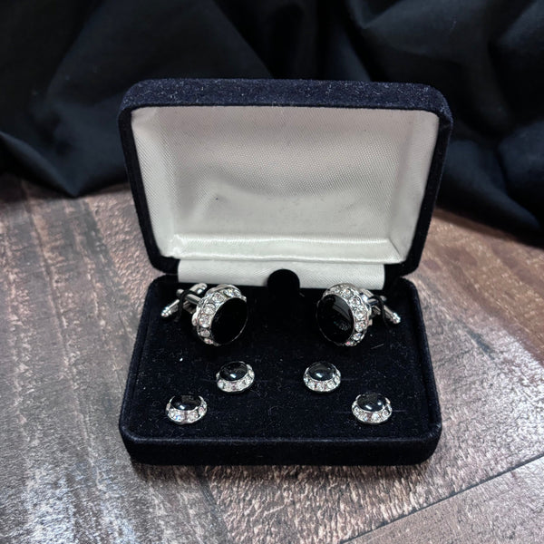 Black Onyx and Crystal Rhinestone Silver Stud and Cufflink Set