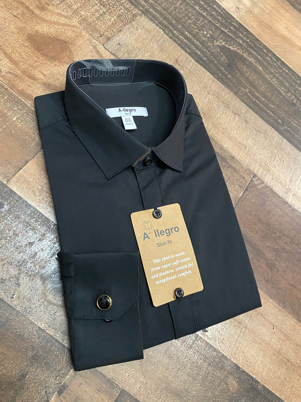 New Allegro Black Laydown Collar Dress Shirt VINCI 