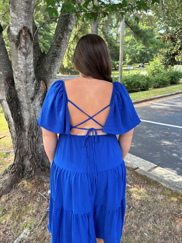 Under The Stars Royal Blue Midi Dress with Tie Back