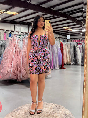 ALYCE Paris 4881 Black Multi Floral Design Beaded Cocktail Dress Alyce Paris 