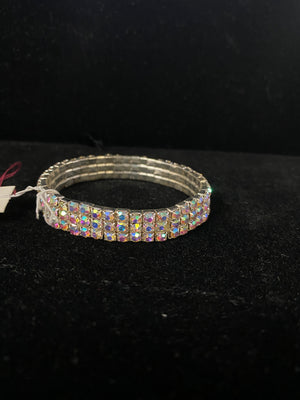 Iridescent Rhinestone 3 Row Silver Stretch Bracelet Rhinestone Jewelry Corp 
