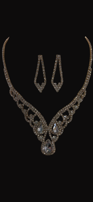 Teardrop Stone Accented Clear Crystal Rhinestone Paved V Shape Gold Necklace and Earring Set 