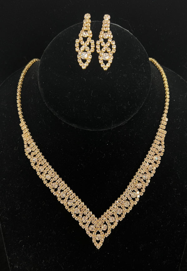 Round Stone Rhinestone Gold Tone Necklace and Earring Set