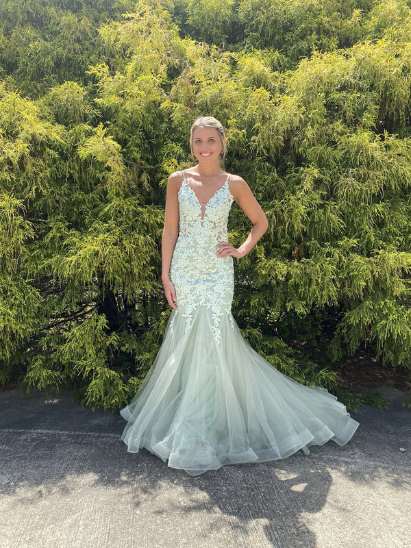 Blush Prom 12130 Lace Mermaid Dress with Train - Fern, Emerald, Eggplant or Sky Blue