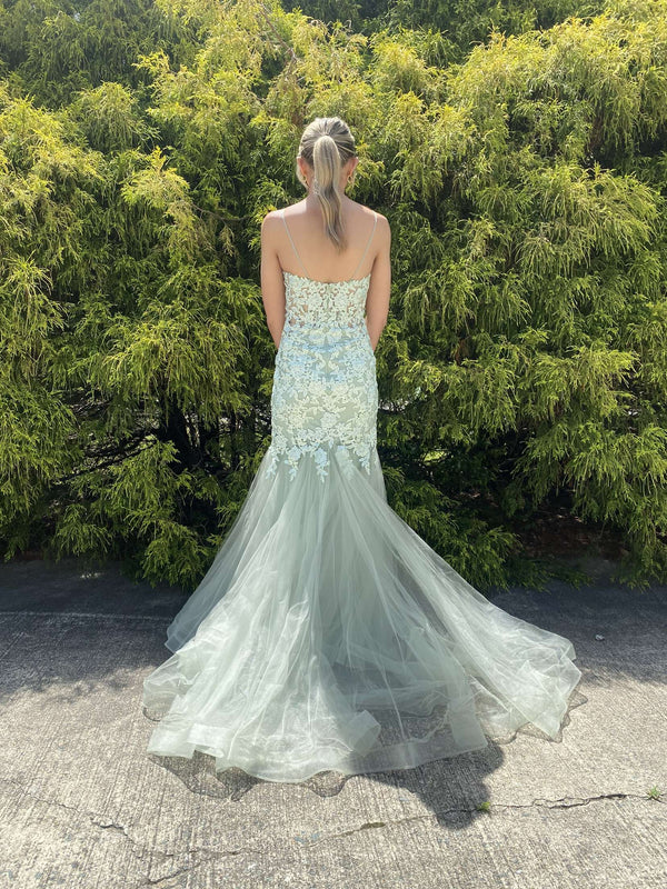 Blush Prom 12130 Lace Mermaid Dress with Train - Fern, Emerald, Eggplant or Sky Blue