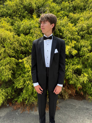Black Pick Stitch Peak Lapel Modern Fit Tuxedo by SAVVI Savvi Evening Collection 