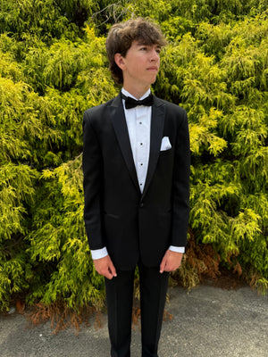 Black Pick Stitch Peak Lapel Modern Fit Tuxedo by SAVVI Savvi Evening Collection 