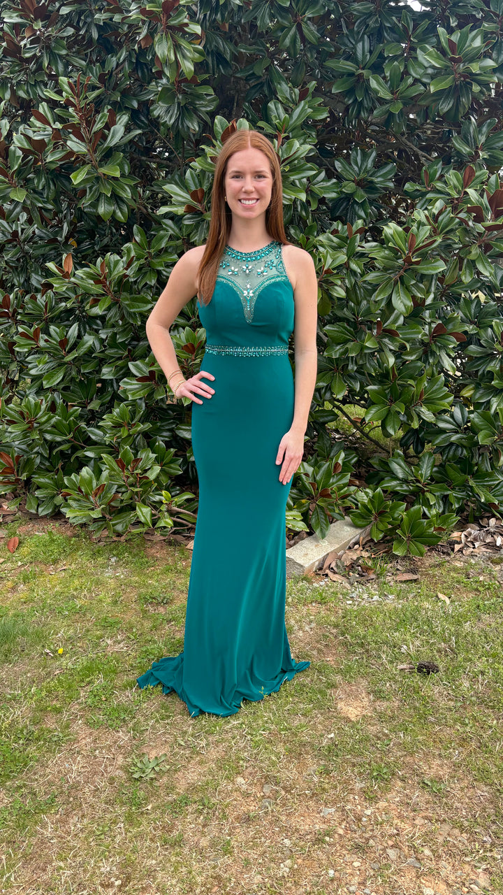 Clarisse 3511 Forest Green Beaded High Neck Fitted Dress
