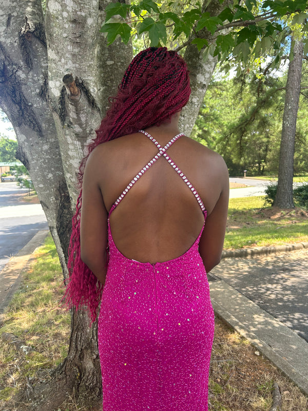 INTRIGUE 91020 Magenta Fully Beaded Dress