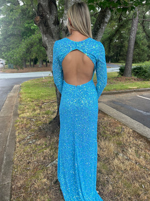 INTRIGUE 91021 Ocean Blue Long Sleeve Sequin Dress