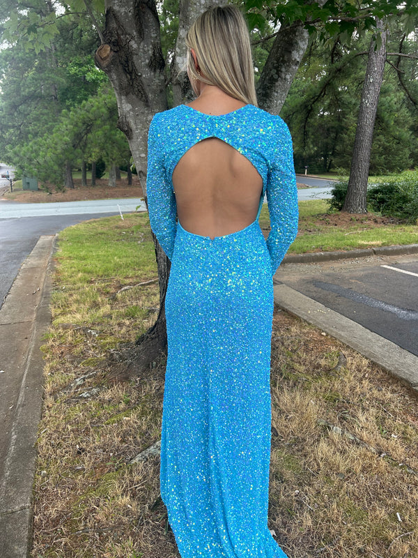 INTRIGUE 91021 Ocean Blue Long Sleeve Sequin Dress