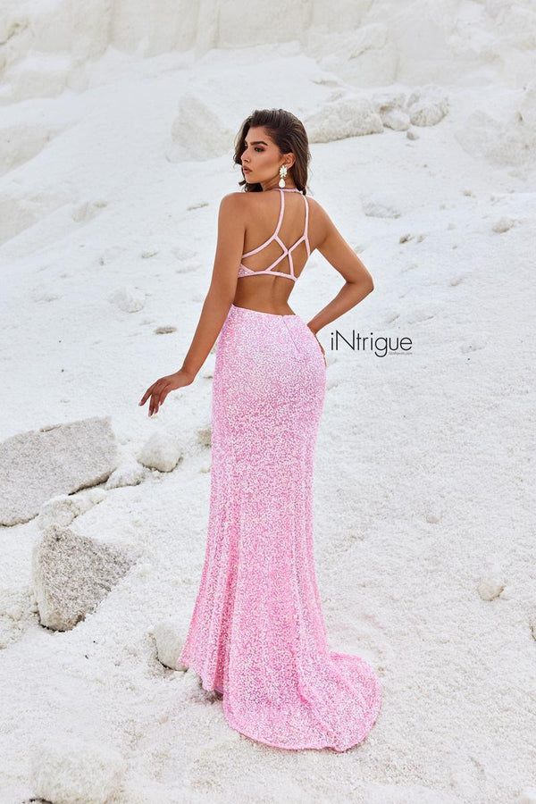 INTRIGUE by Blush Prom 91033 Bubblegum Pink High Neck Sequin Sheath with Slit