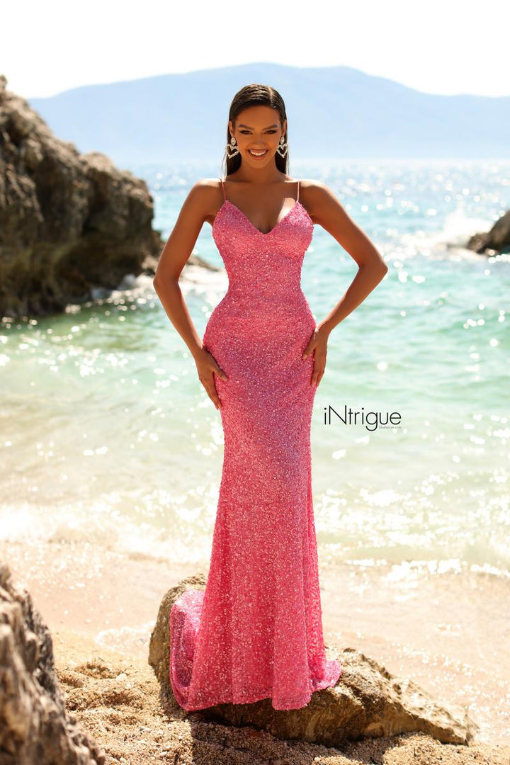 INTRIGUE by Blush Prom 914 Pink Sequin Sheath Dress with Train - Size 4