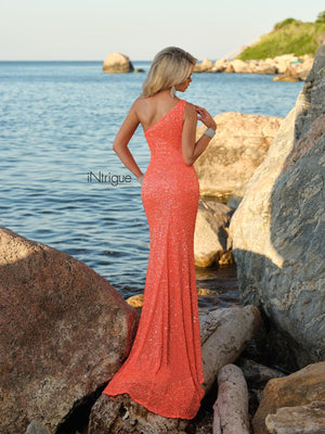 INTRIGUE 918 Orange One Shoulder Sequin Sheath Dress
