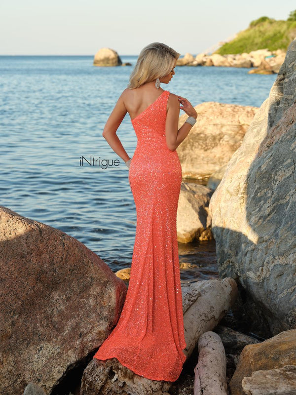 INTRIGUE by Blush Prom 918 ORANGE One Shoulder Sequin Sheath Dress with Train