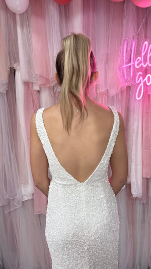INTRIGUE 929 Diamond White Beaded Wrap Dress