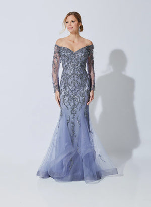Ivonne D 221D48 Periwinkle Off Shoulder Long Sleeve Mermaid Dress Mon Cheri 